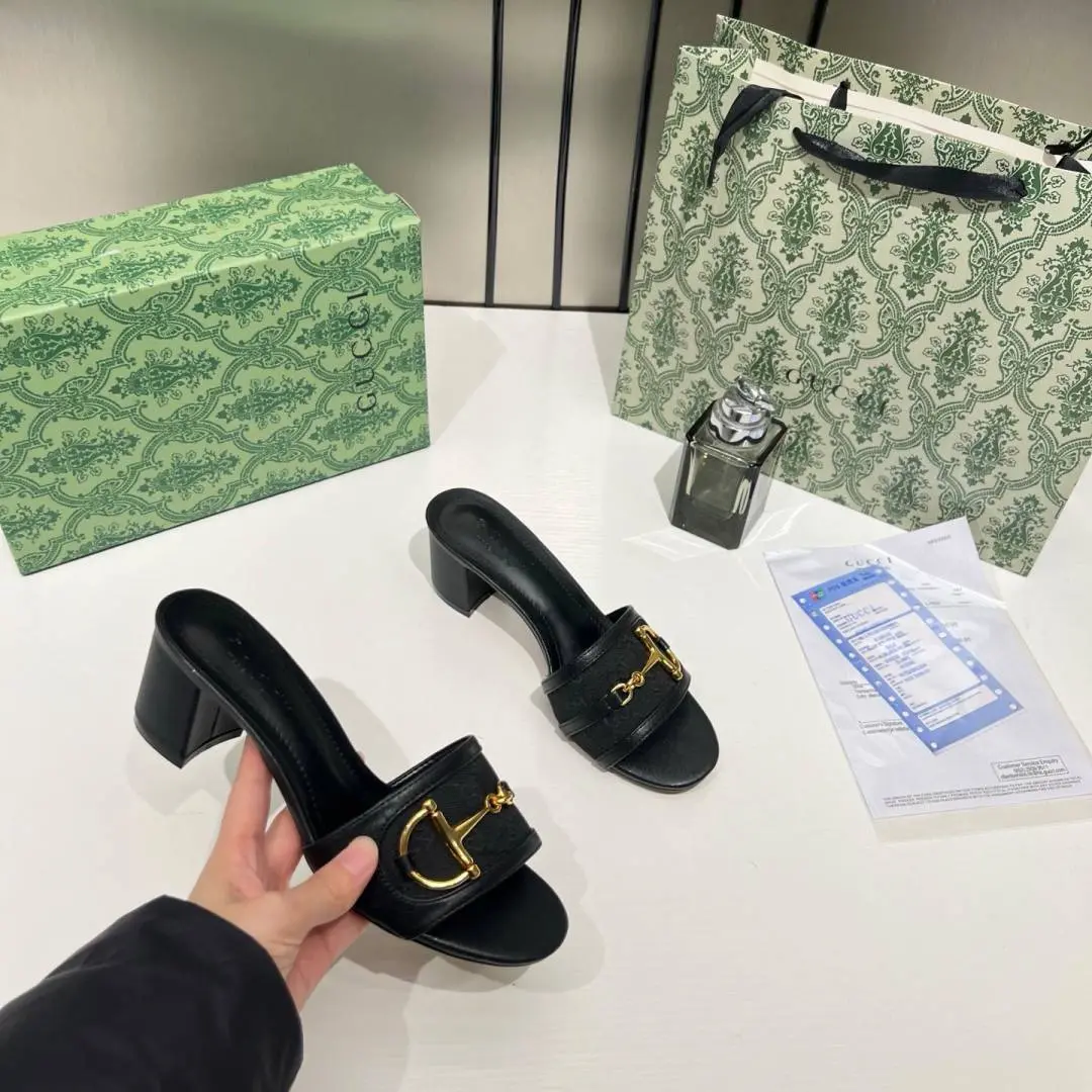 Gucci Horsebit Slide Sandals Mid Heel Iconic GG Canvas With OG Box & Carry Bag 1295-2 Black