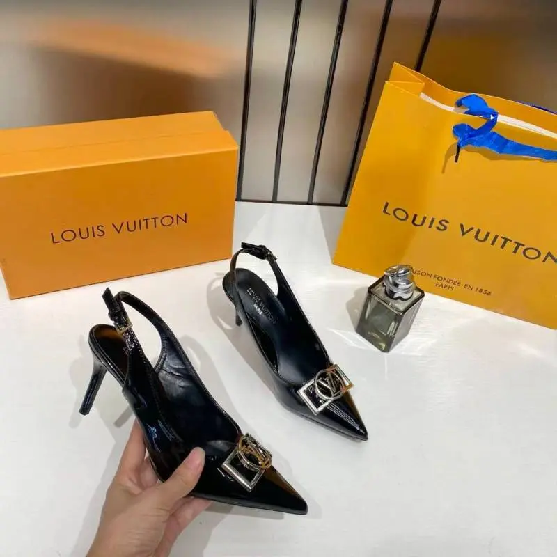 Louis Vuitton Black Patent Leather Slingback Pump Silver-tone Lv Logo Pointed Toe With OG Box & Carry Bag 936 Black