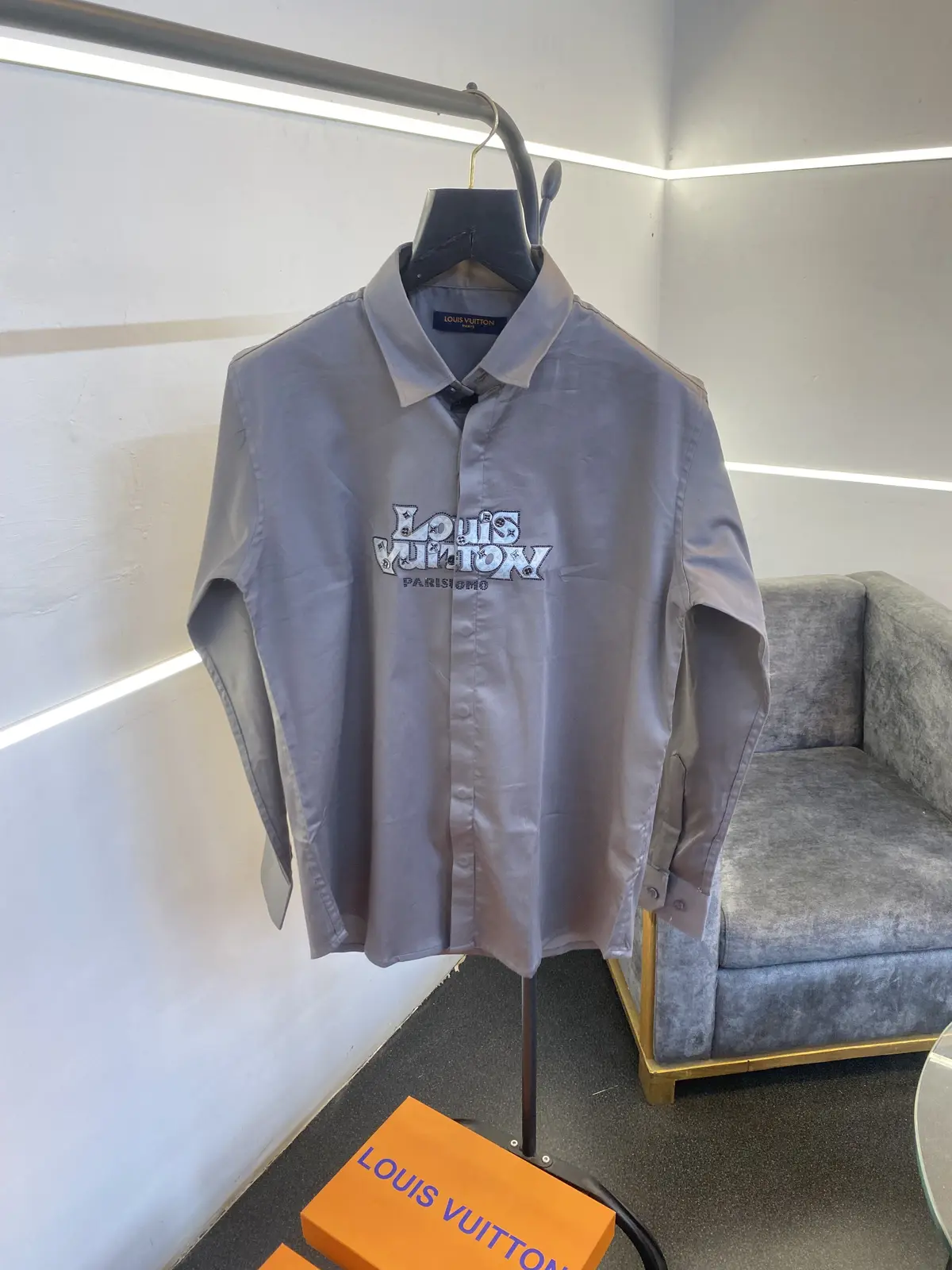 Lv stone metal logos and patch work imported box pack shirt grey sale