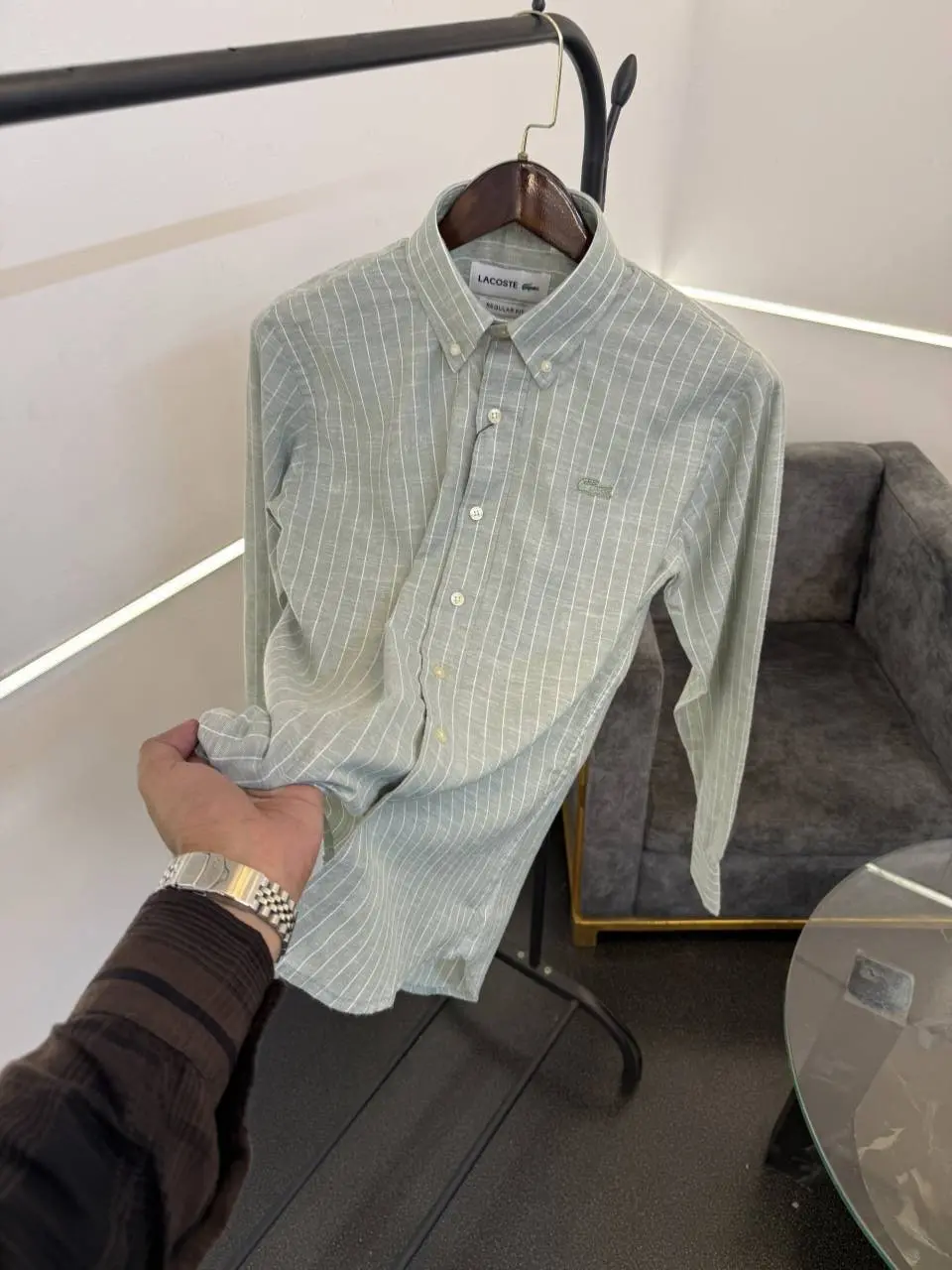 Lacoste mint green linen imported shirt with lining and brand buttons - Image 2