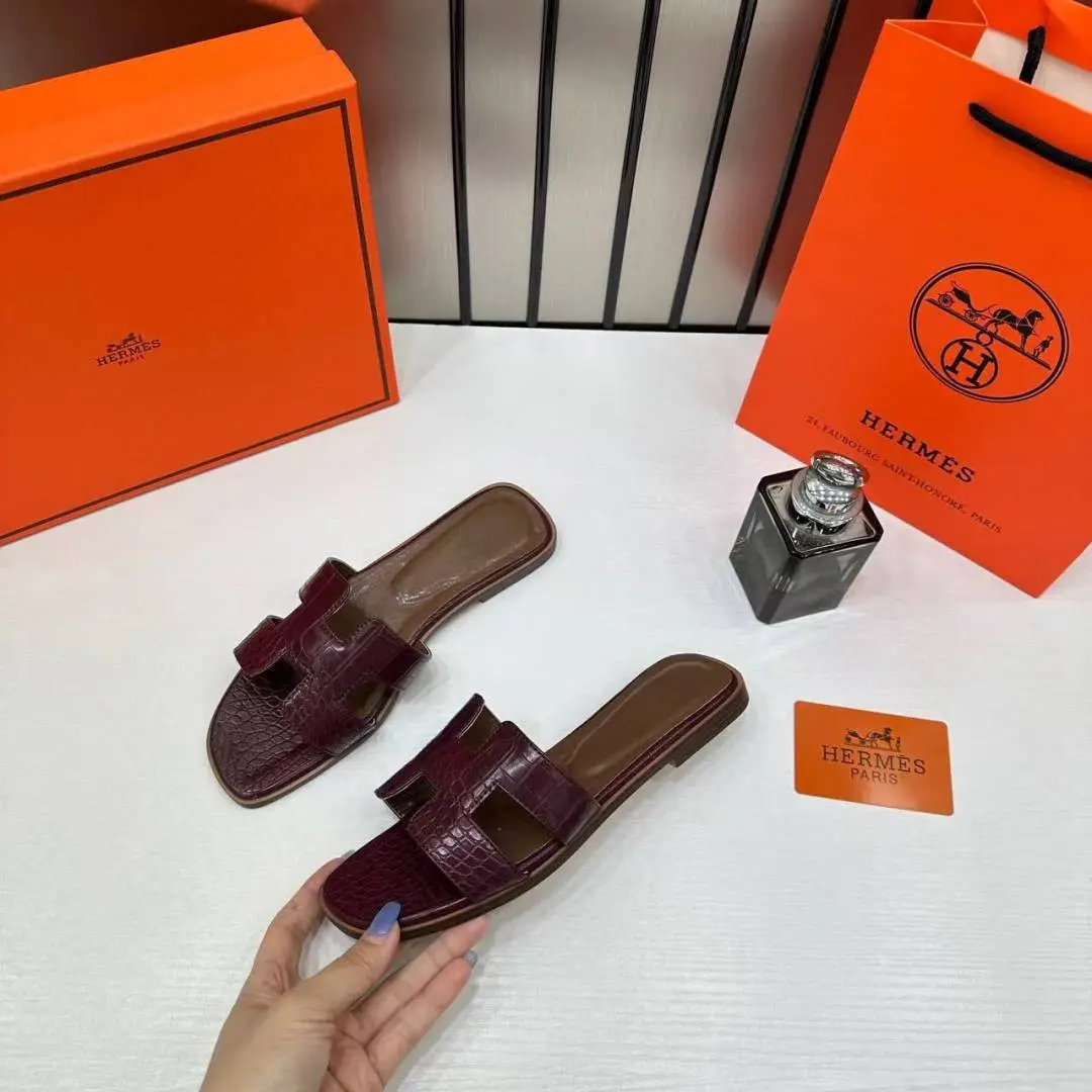 Hermes Paris Oran Flats Croc Leather White For Her With OG Box & Carry Bag Maroon Slide - Image 6