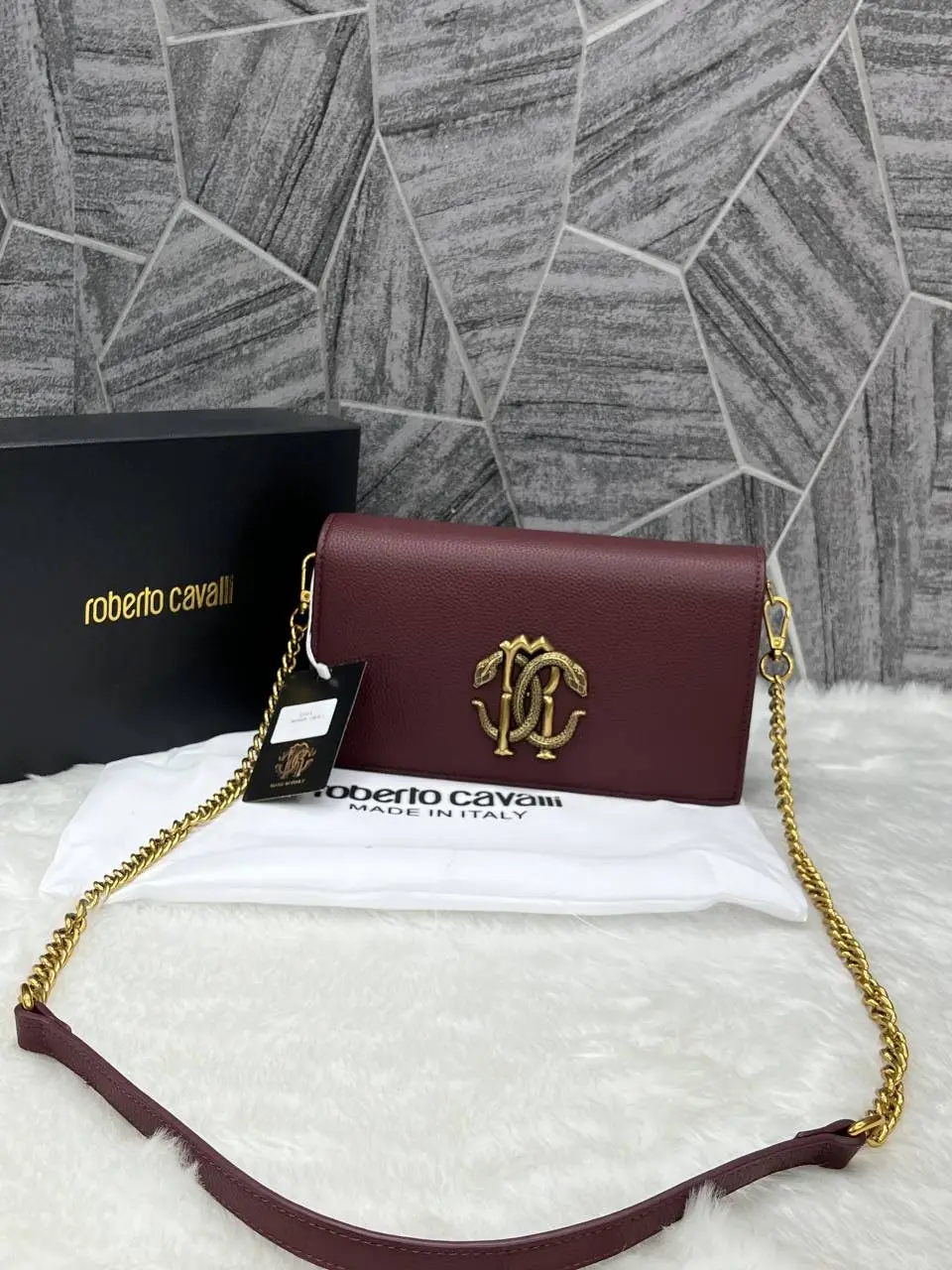 Roberto Cavalli RC Logo Wine Shoulder Sling Bag With Original Box - Image 7
