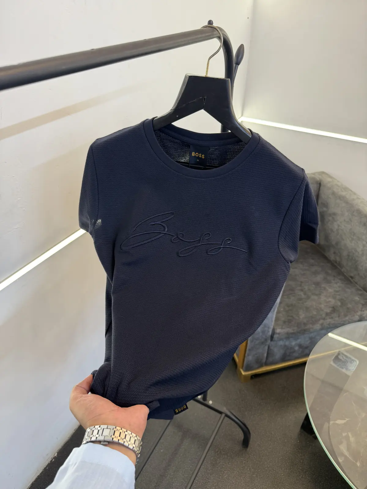 Hugo bos navy blue turkish imported knitted popcorn fabric round neck tshirt with embroidery logo - Image 2
