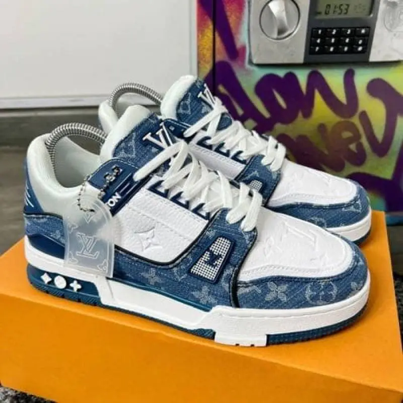 Louis Vuitton Lv Trainer White Blue Denim With All Accessories - Image 4