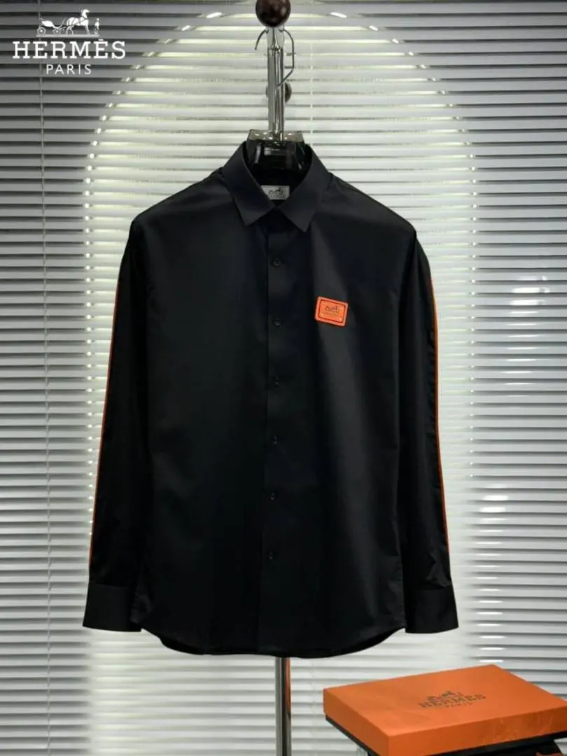 Hermes Chest Logo Box Pack Full Sleeves Shirt Black - Image 4