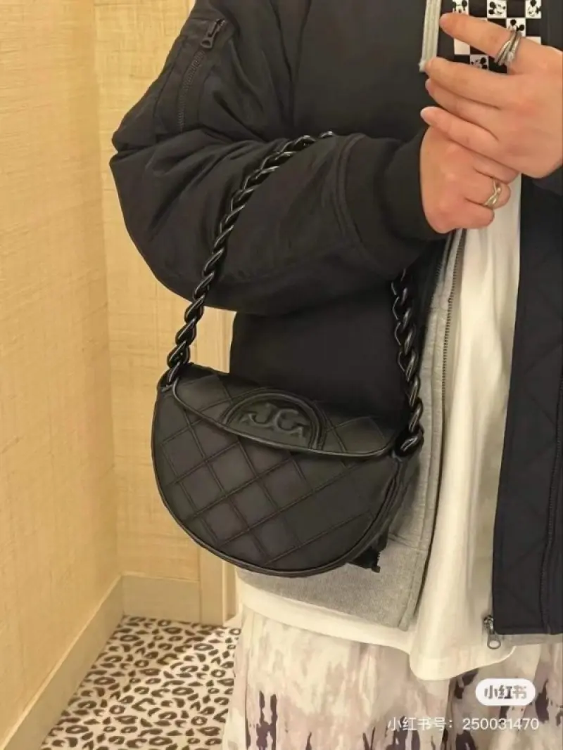 Tori Burch Fleming Crescent Premium Bag With OG Box & Dust Bag (All Black - 609) - Image 2