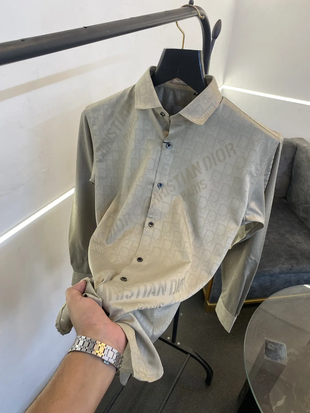 Christian diyor laser cut monogram print imported shirt with proper box packing beige - Image 2