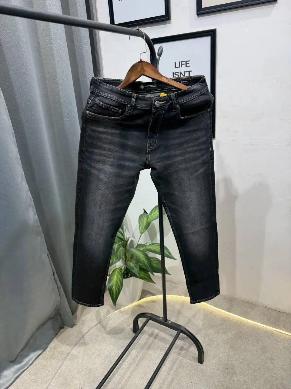Chrome heart narrow fit imported denim with metal logo and embossed design