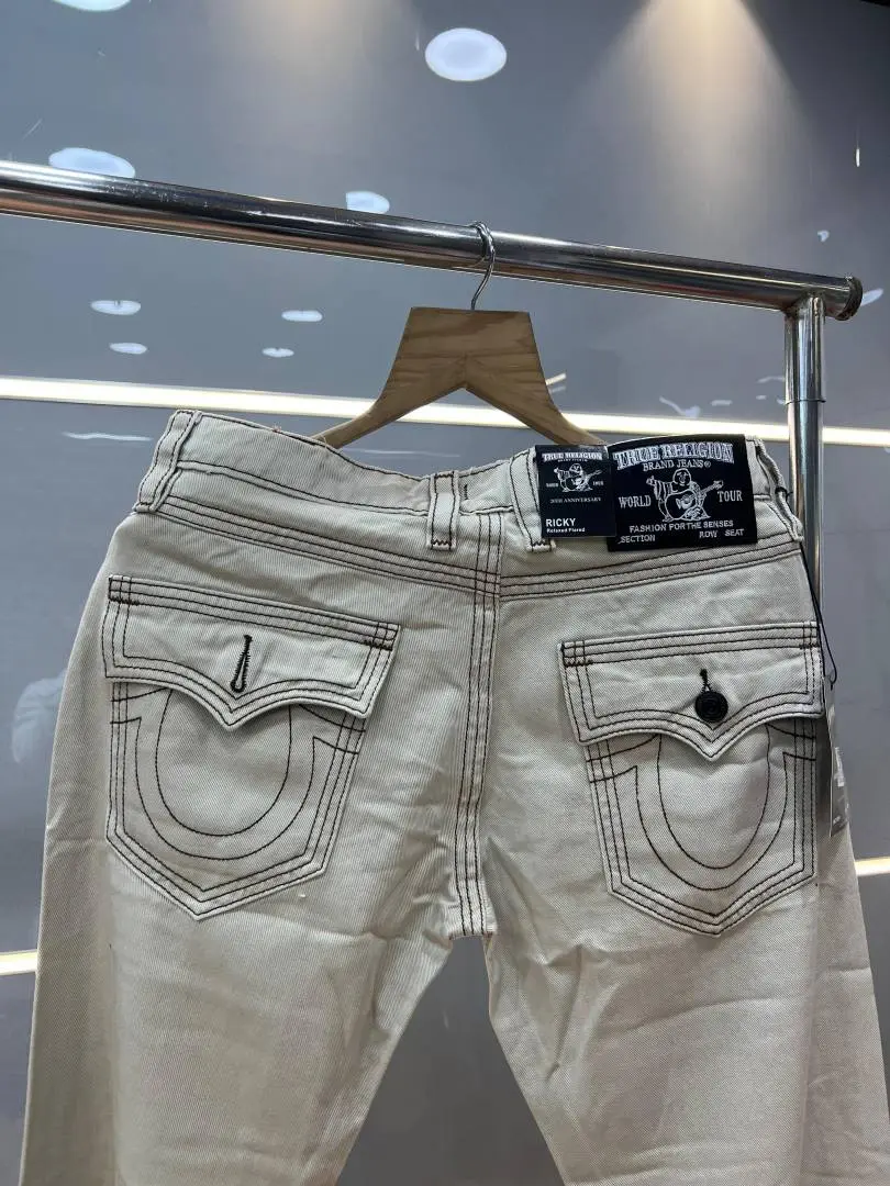 True Religion Cream Straight fit Premium Imported Stretchable Lycra Fabric Denim with Back Pocket Embroidered Design 4175 - Image 3