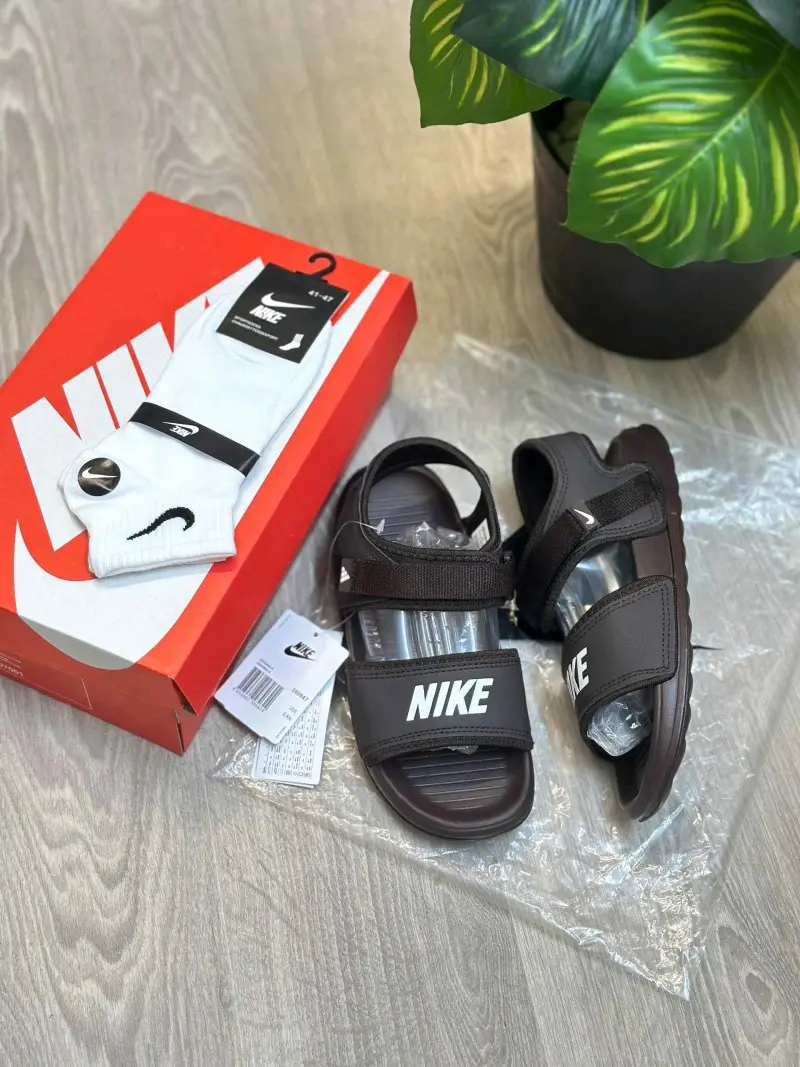 Nike Calm Adjust Brown White Sandal With Socks - Image 2