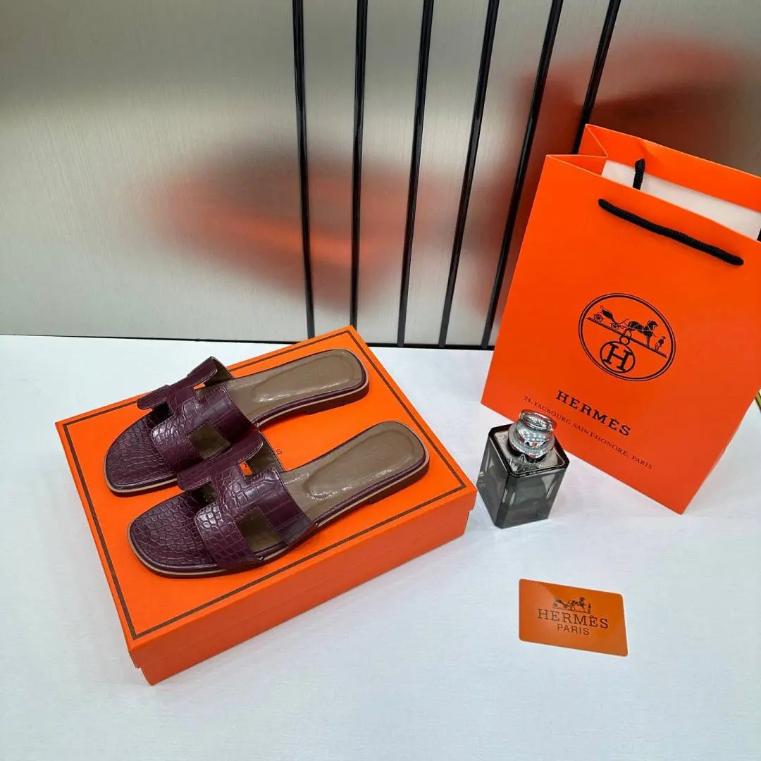 Hermes Paris Oran Flats Croc Leather White For Her With OG Box & Carry Bag Maroon Slide - Image 3