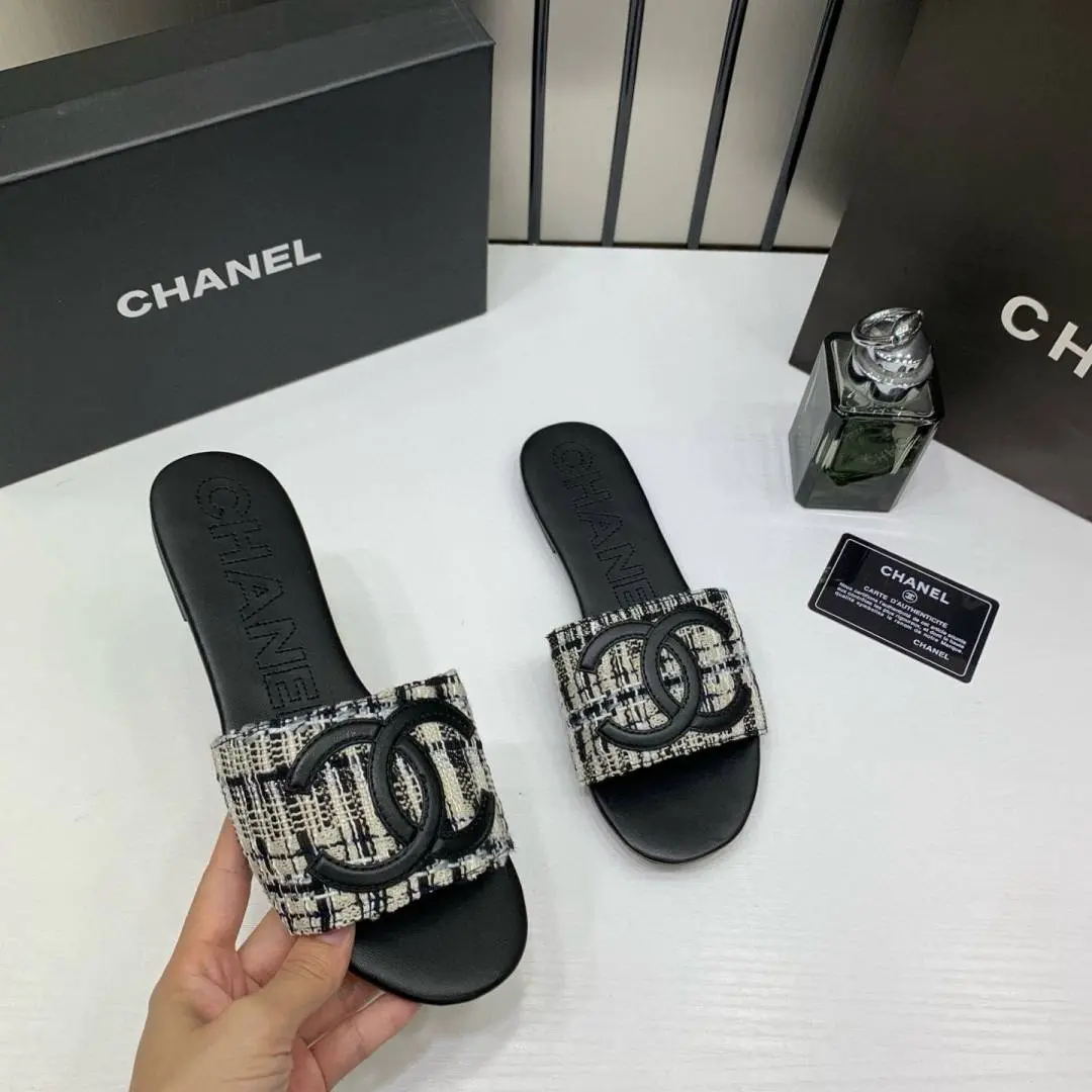 Chanel Tweed Fabric Slide Sandals With OG Box & Carry Bag Black CC Logo 1892