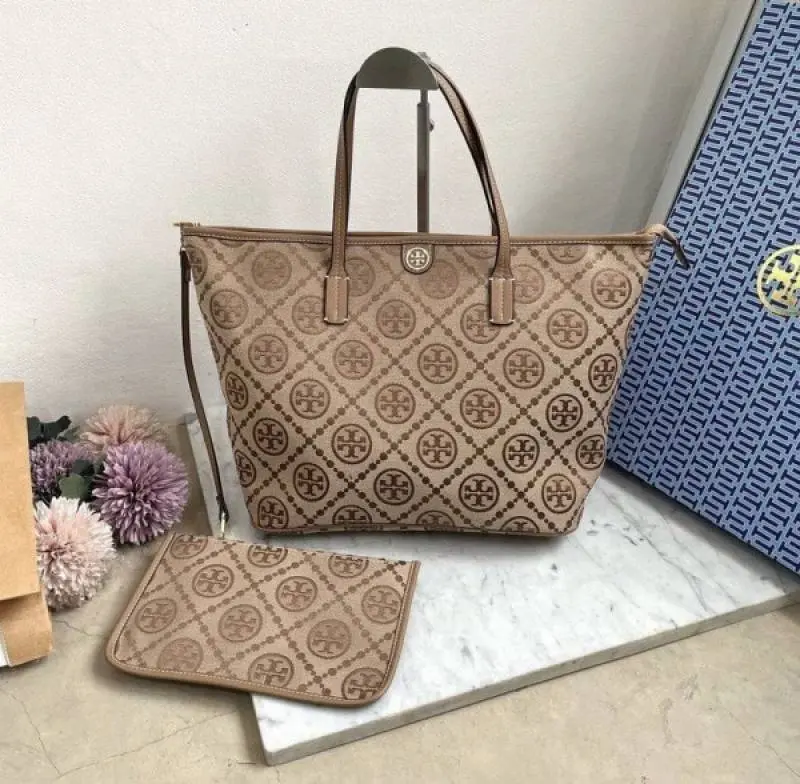 Tori Burch T Monogram Tote With OG Box & Dust Bag & Extra Pouch (Brown - 634) - Image 3