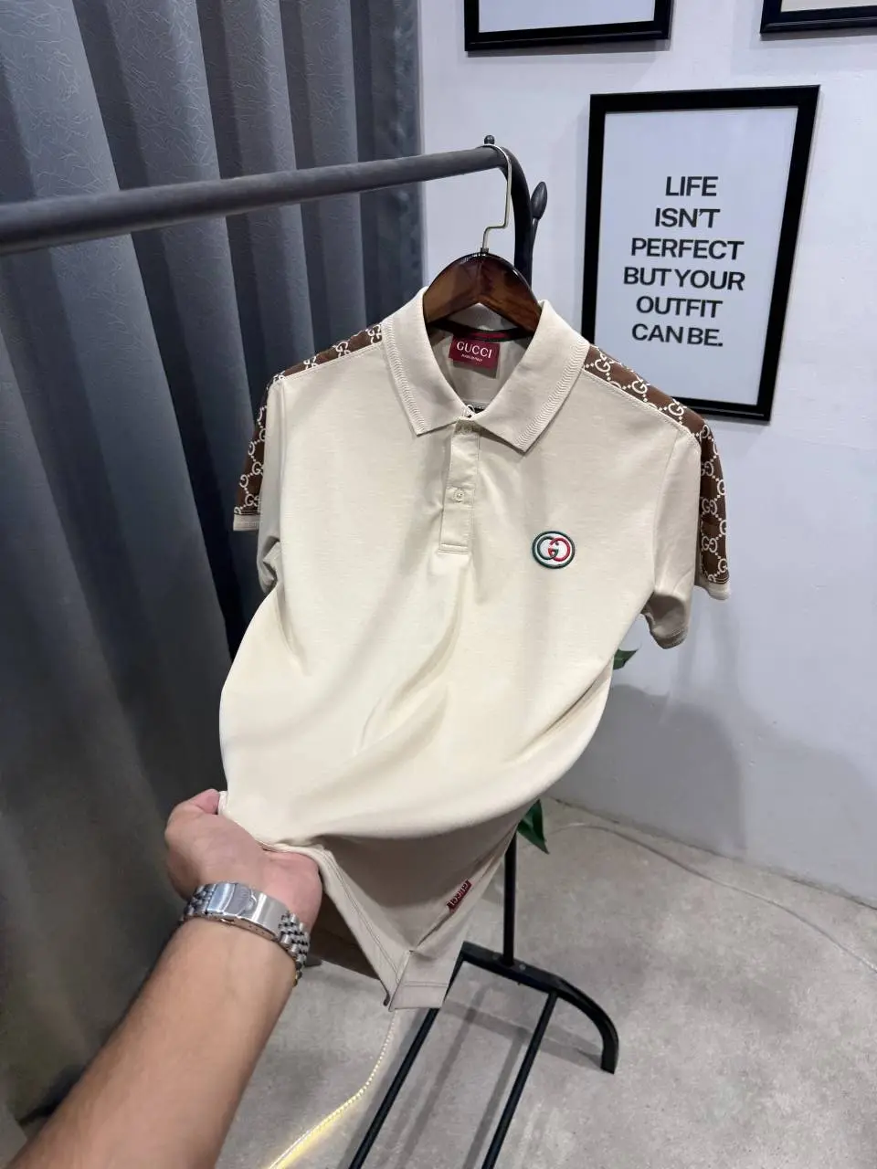 Gucci imported polo tshirt with brand shoulder strip and embroidery logo beingi - Image 3