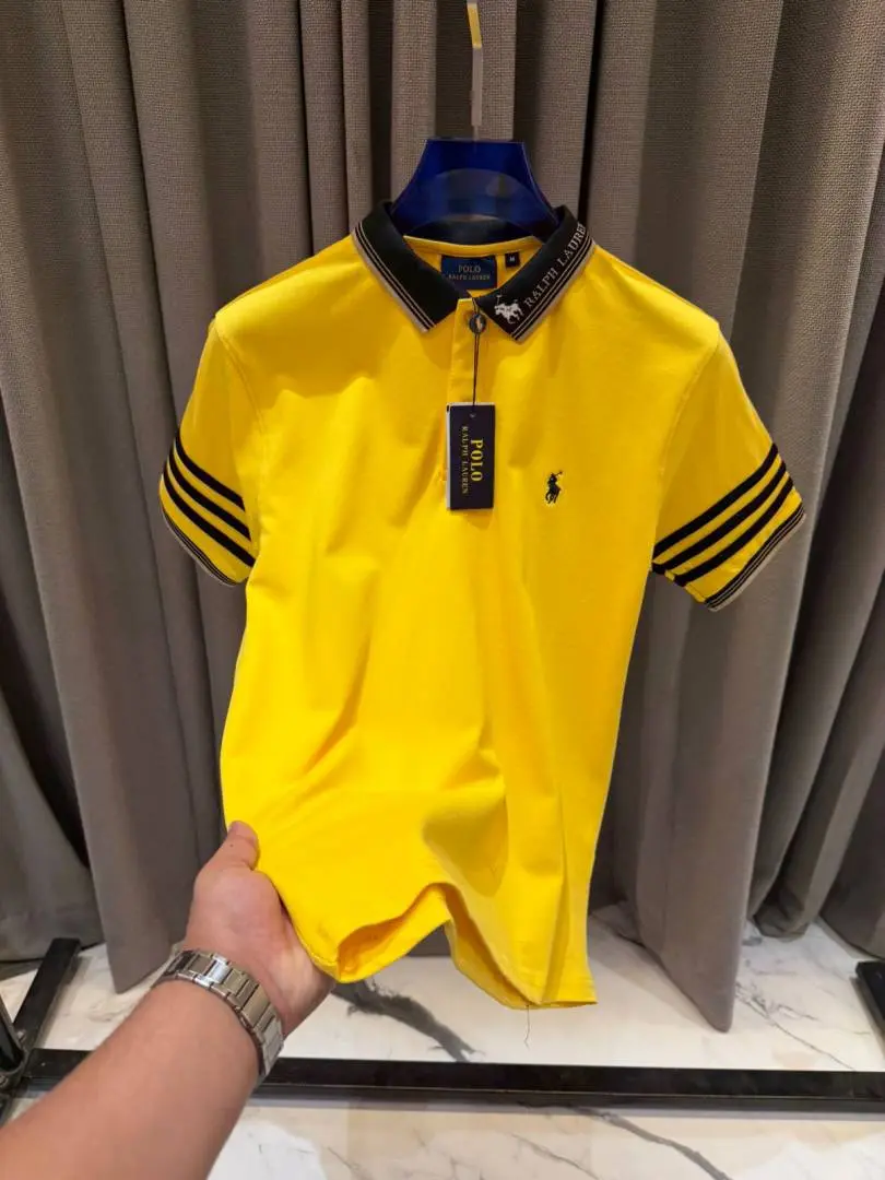 Ralph Lauren Chest Logo Stripe Sleeves Polo T-shirt Yellow - Image 2