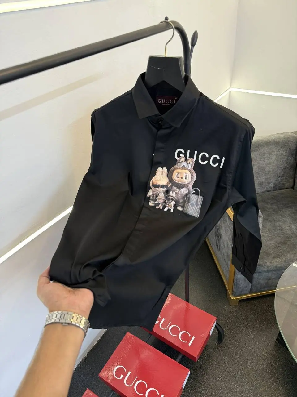 Gucci x labubu imported cotton satin shirt black - Image 2
