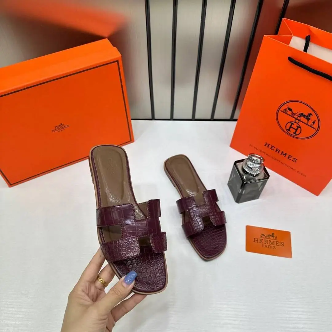 Hermes Paris Oran Flats Croc Leather White For Her With OG Box & Carry Bag Maroon Slide - Image 4
