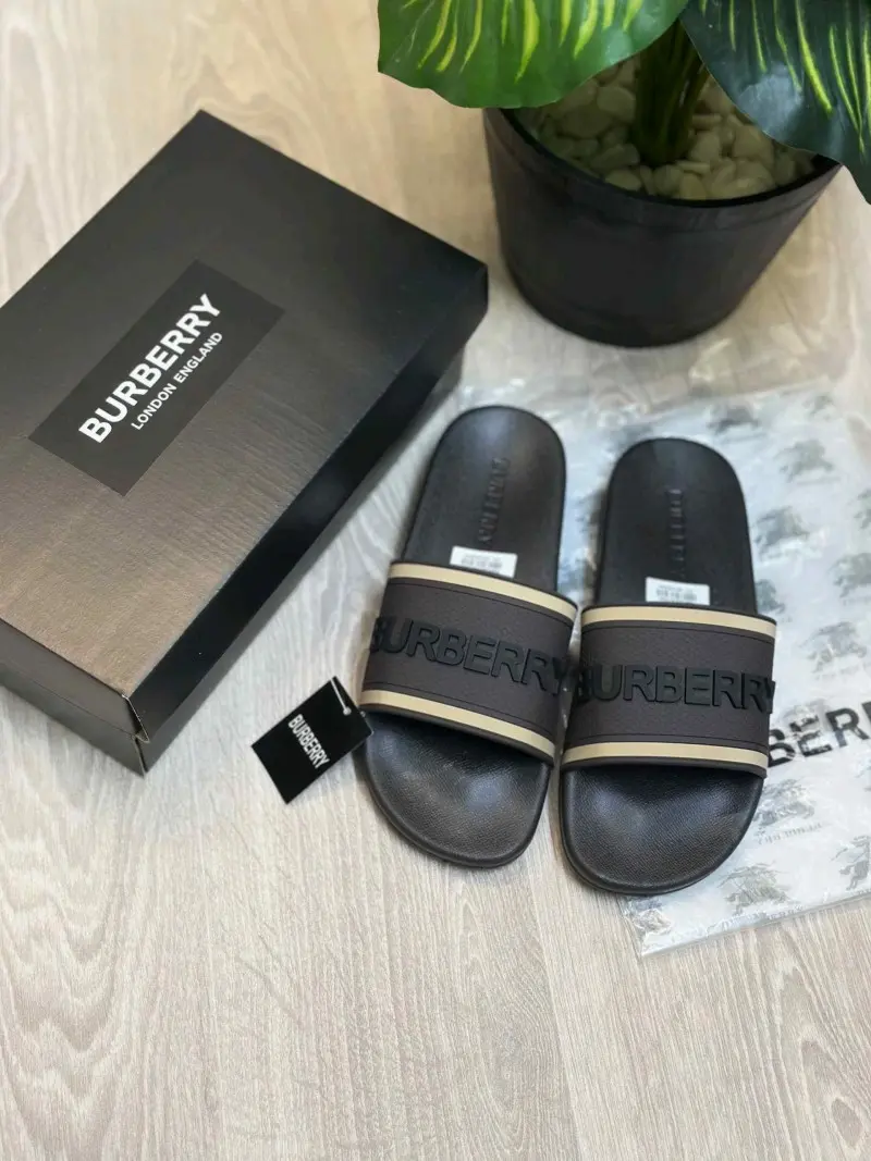 Burberry Embossed Logo Premium Brown Slides - Image 2