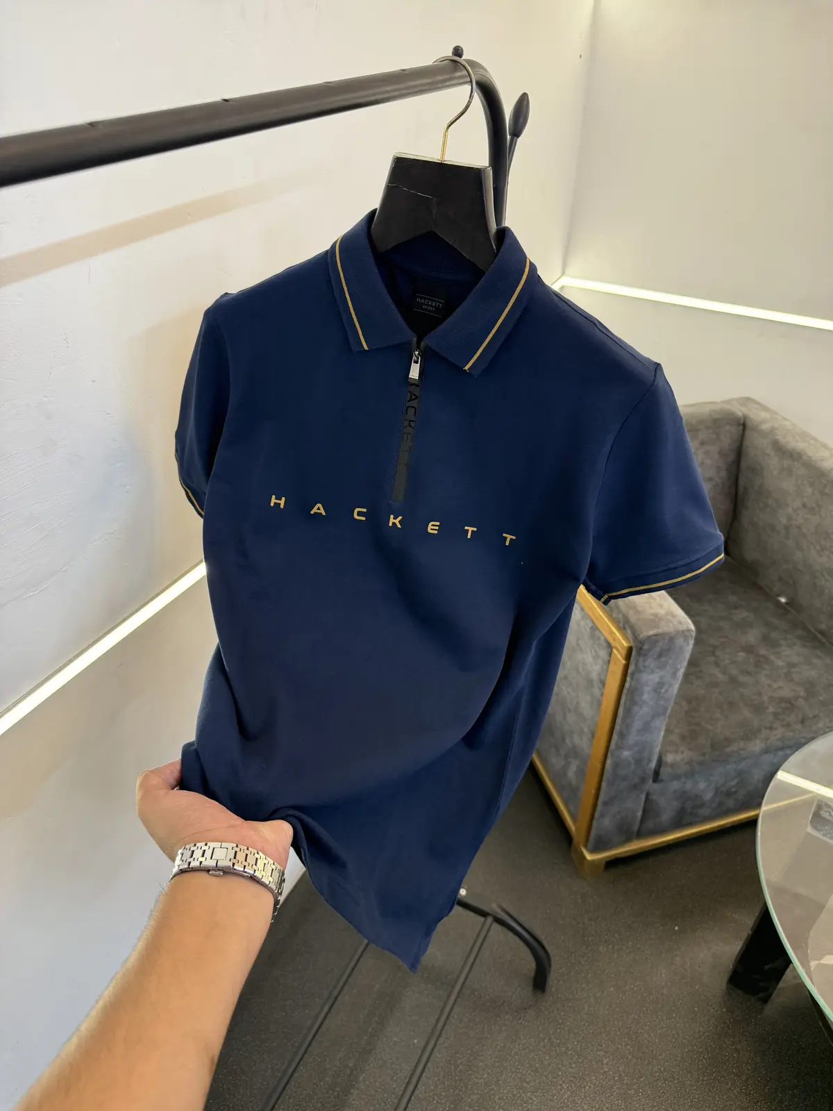 Hackett navy blue imported polo tshirt with brand zip and front name logo print sale - Image 4