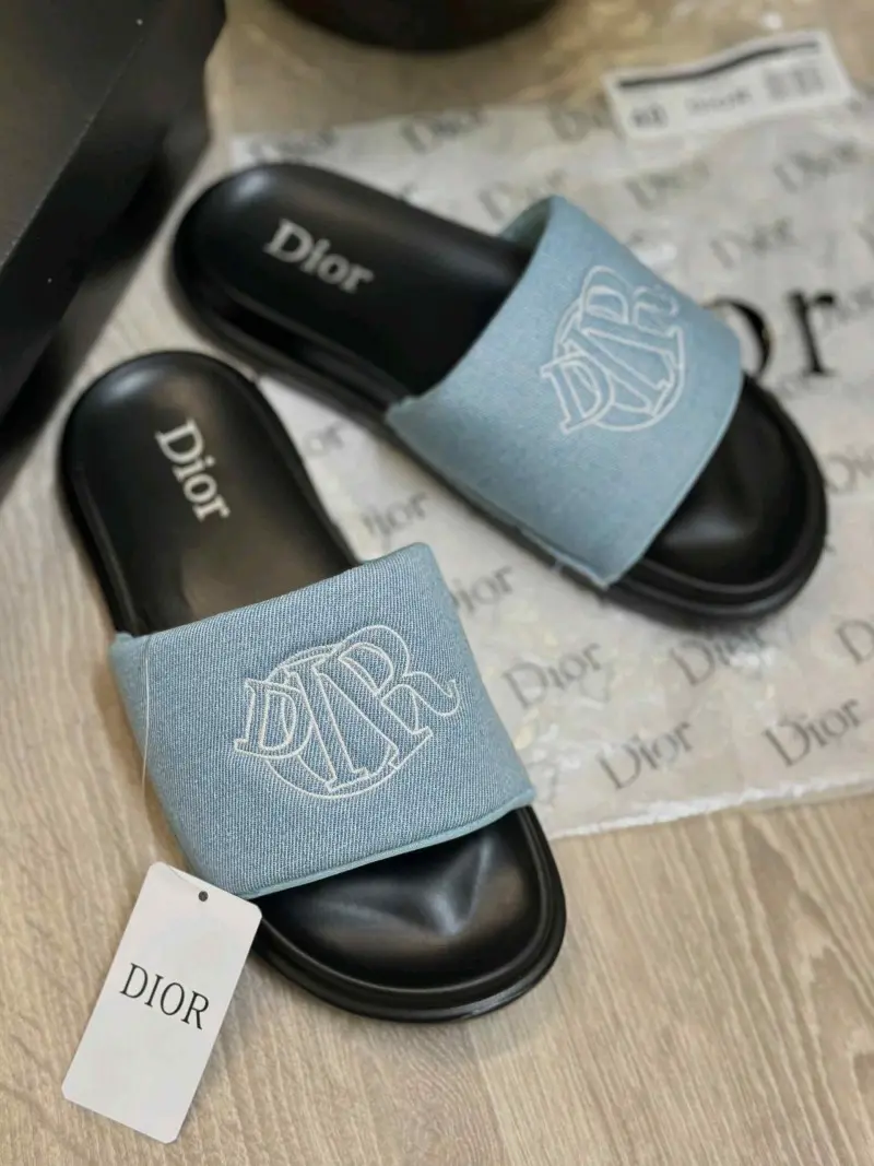 Christian Diyor Circular Embroidered Logo Premium Light Blue Black Slides - Image 3