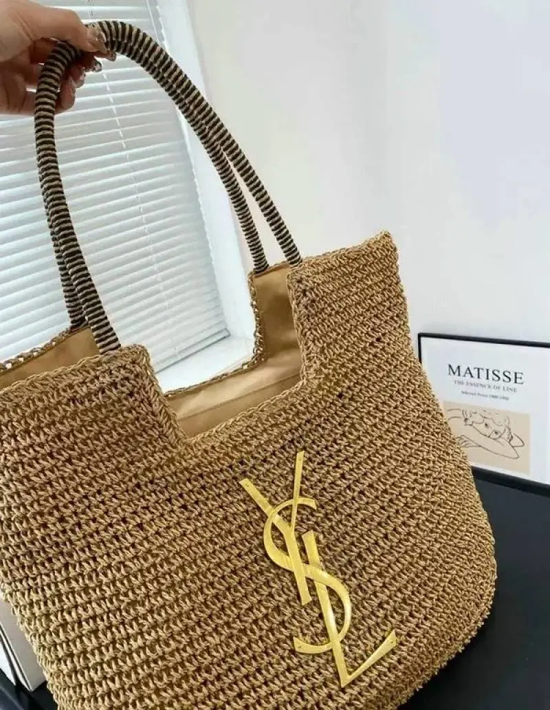 YSL Saint Laurent ICare Raffia Jute Tote Bag With OG Box & Dust Bag (Brown - 991) - Image 4