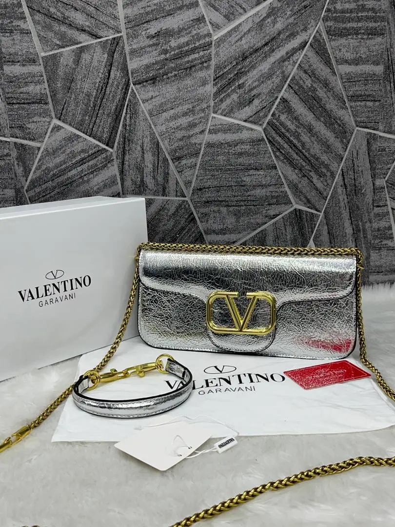 Valentino V Logo Silver ShoulderBag Large With OriginalBox DustCover Card Tags