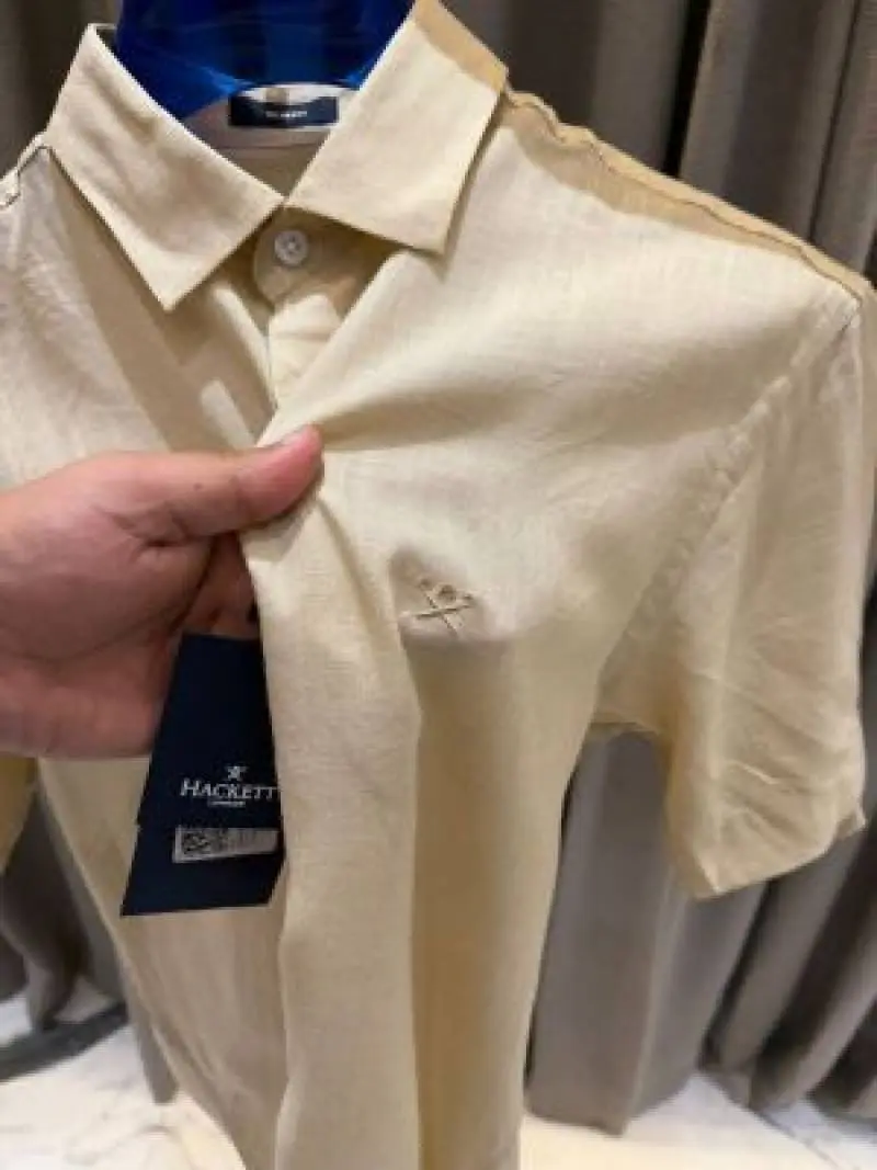 Hackett Chest Logo Half Linen Shirts Beige - Image 2