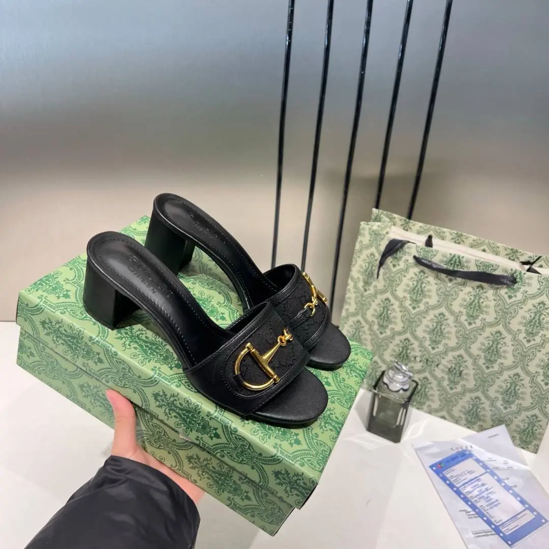 Gucci Horsebit Slide Sandals Mid Heel Iconic GG Canvas With OG Box & Carry Bag 1295-2 Black - Image 3