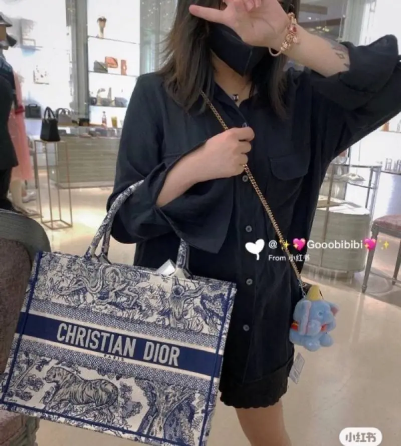 Dior Book Tote Blue Toile De Jouy With OG Box & Dust Bag & Scarf (Blue Tiger - 572)
