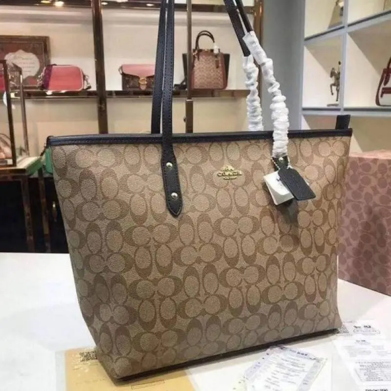 Coach Signature City Tote Bag With OG Box & Dust Bag (Beige Black-1119) - Image 5