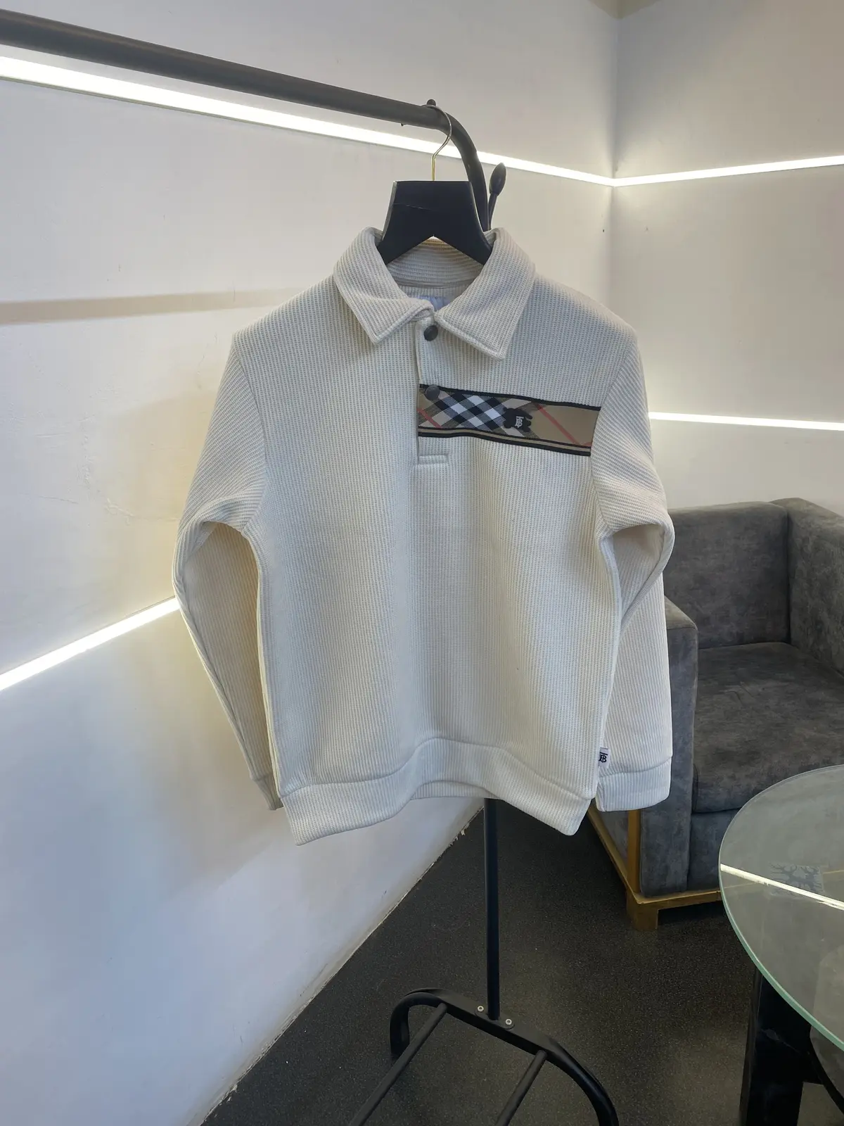 Burberry self knitted imported sweatshirt with brand strip metal logo and brand buttons cream