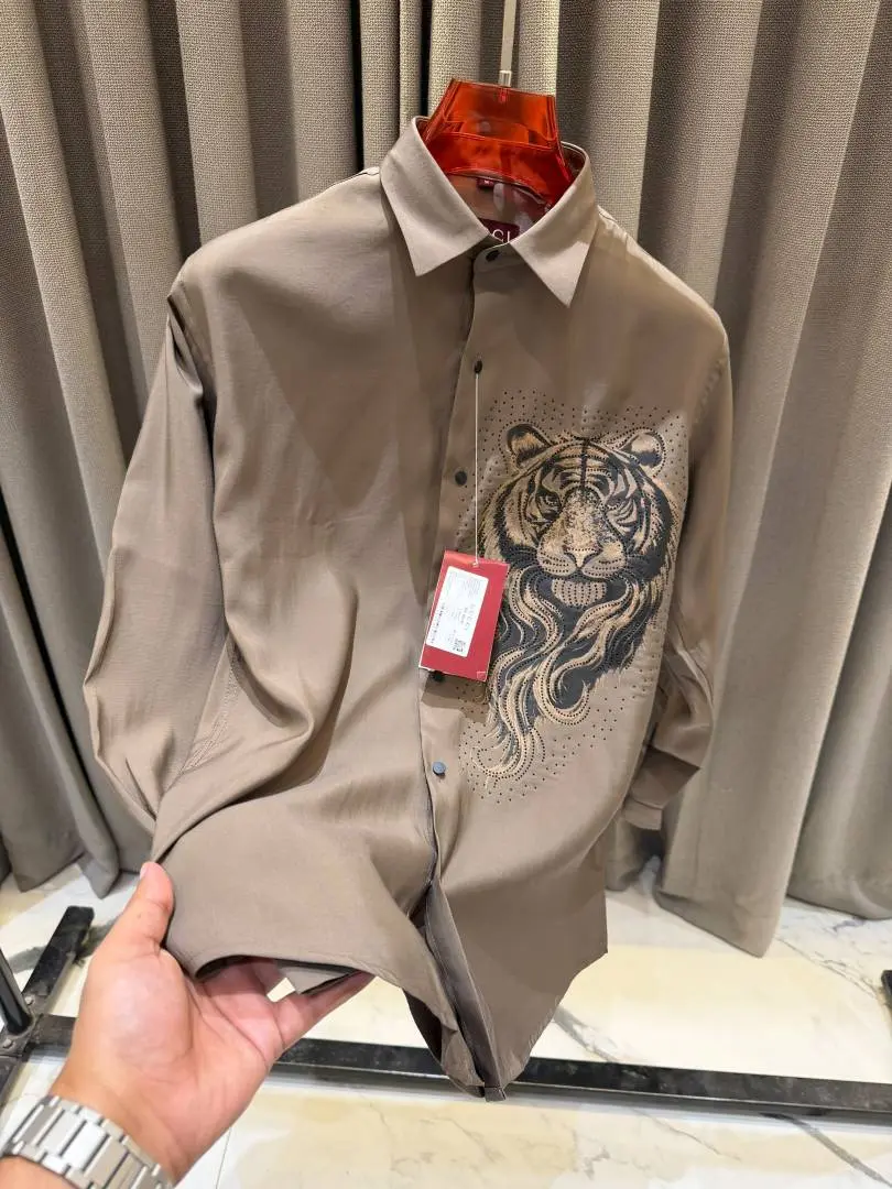 Gucci Tiger Diamond Logo Full Sleeves Shirt Coffee - Image 4