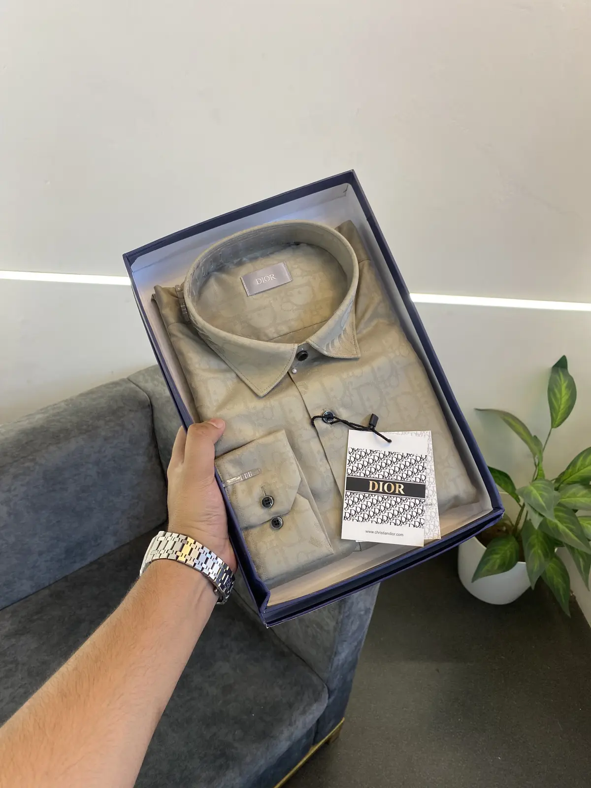 Christian diyor laser cut monogram print imported shirt with proper box packing beige - Image 3