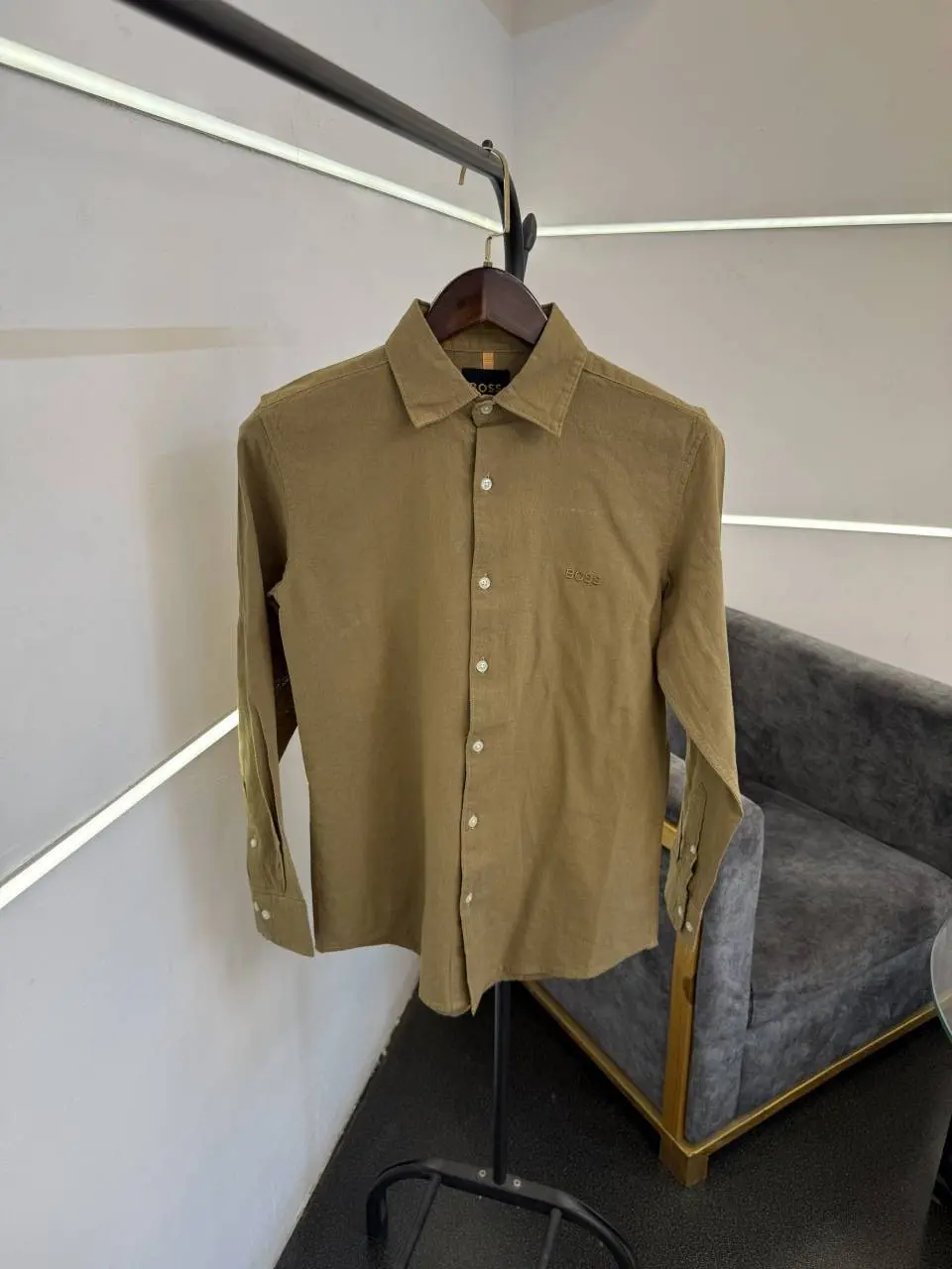 Hugo bos khaki imported linen fabric shirt with embroidery logo