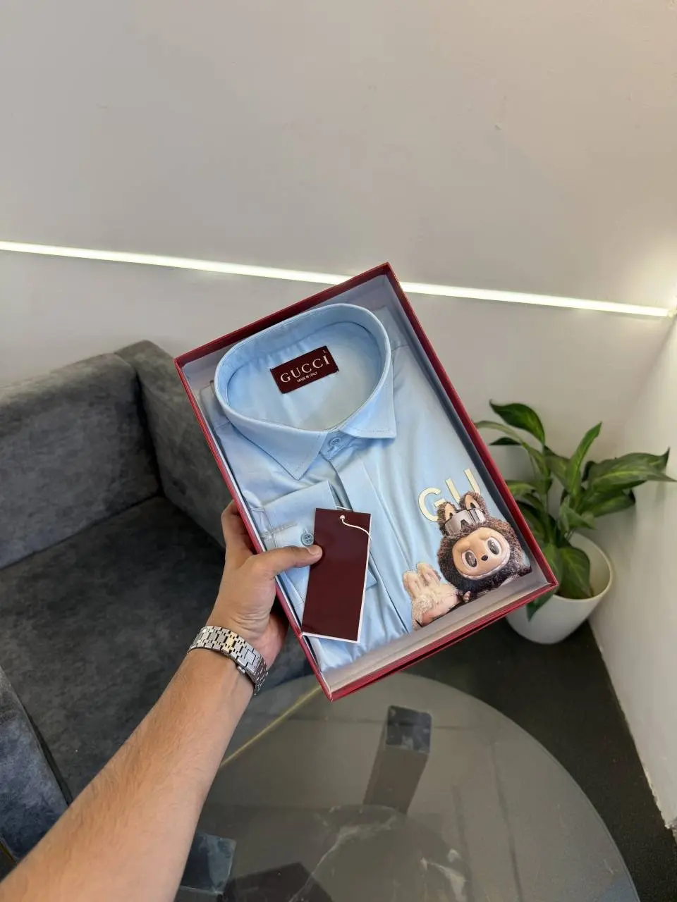 Gucci x labubu imported cotton satin shirt sky - Image 3