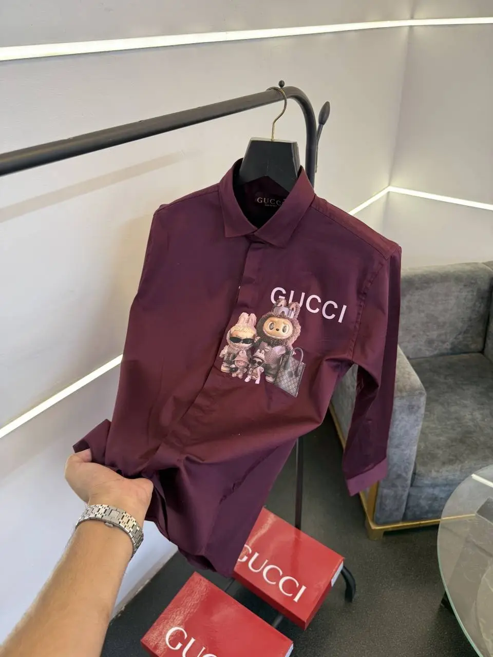 Gucci x labubu imported cotton satin shirt maroon - Image 2