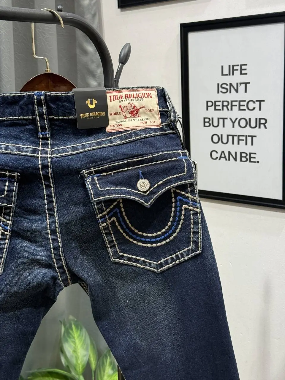 True religion boot cut dark blue imported denim with brand buttons - Image 4