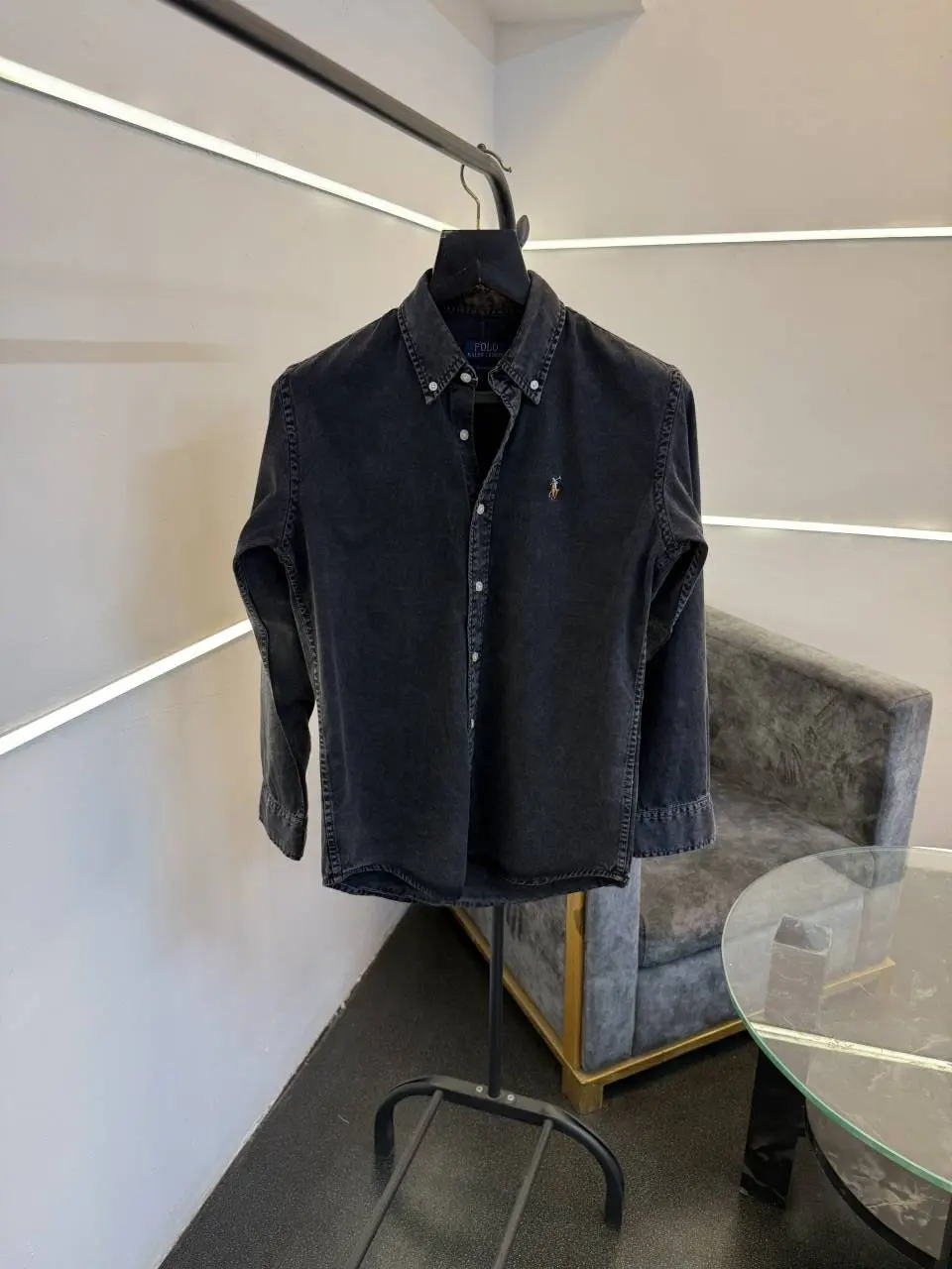 Ralph lauren carbon black denim imported shirt with embroidery logo on chest