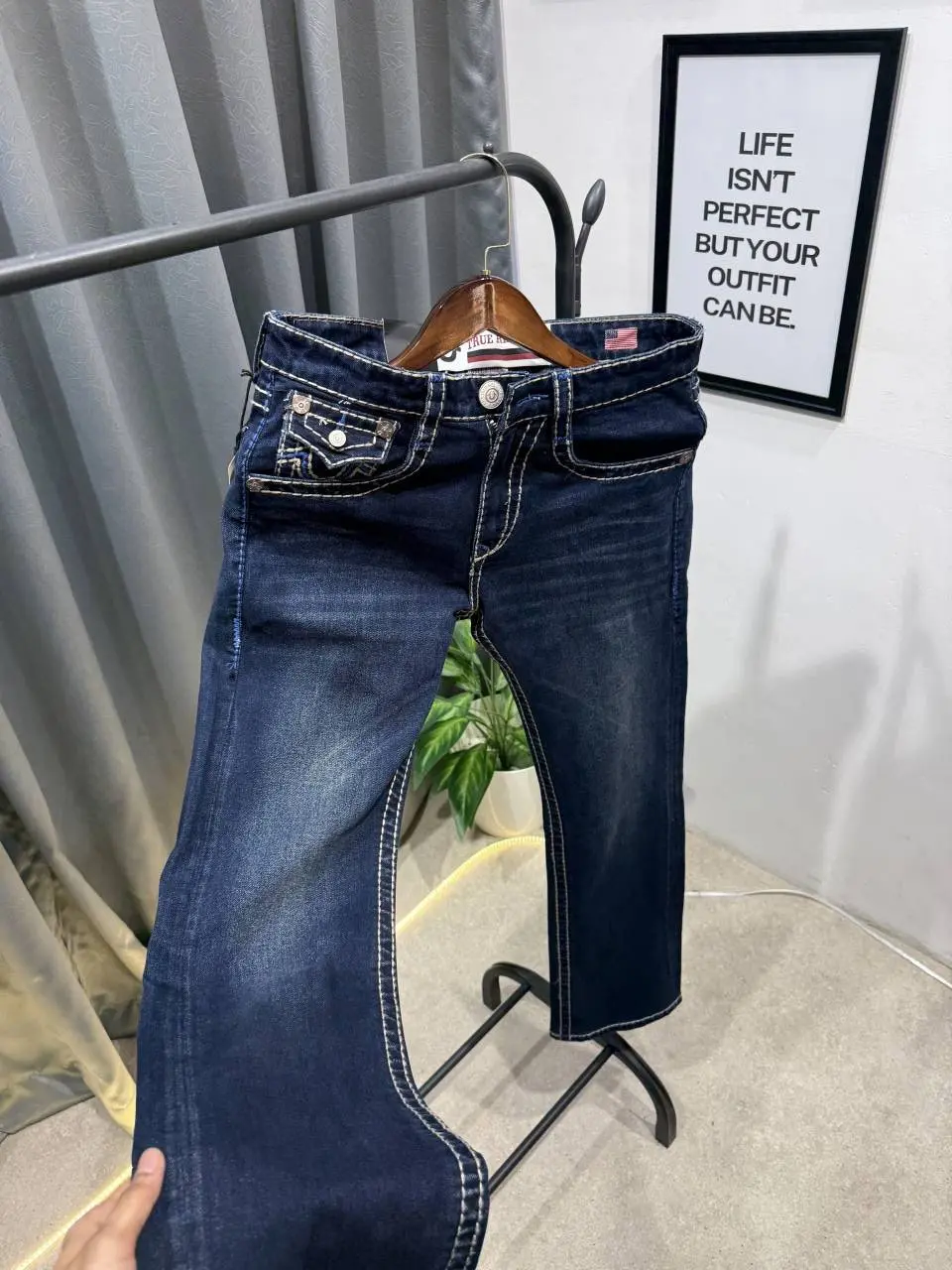 True religion boot cut dark blue imported denim with brand buttons - Image 2