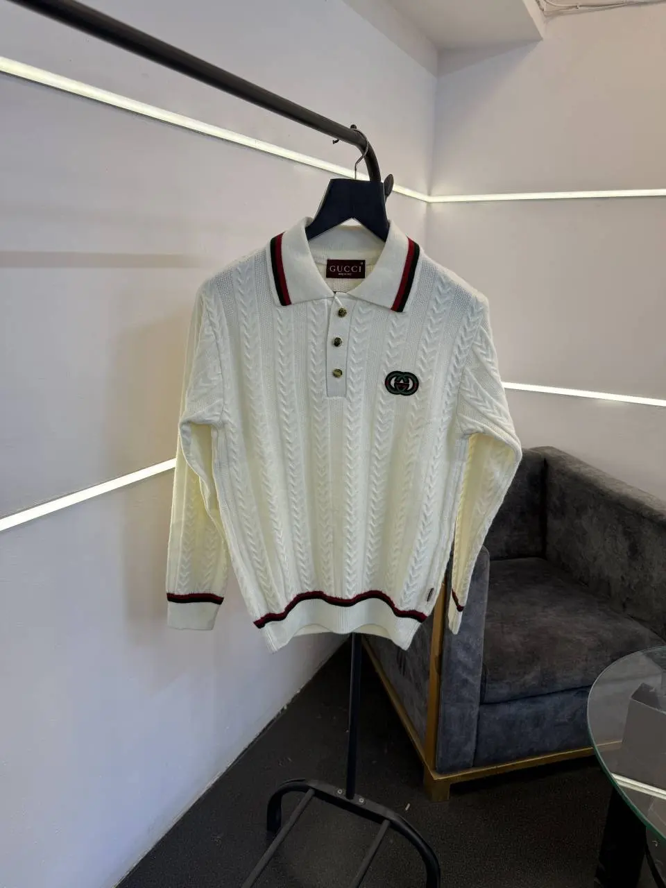 Gucci knitted imported sweatshirt with brand button and logo on chest cream