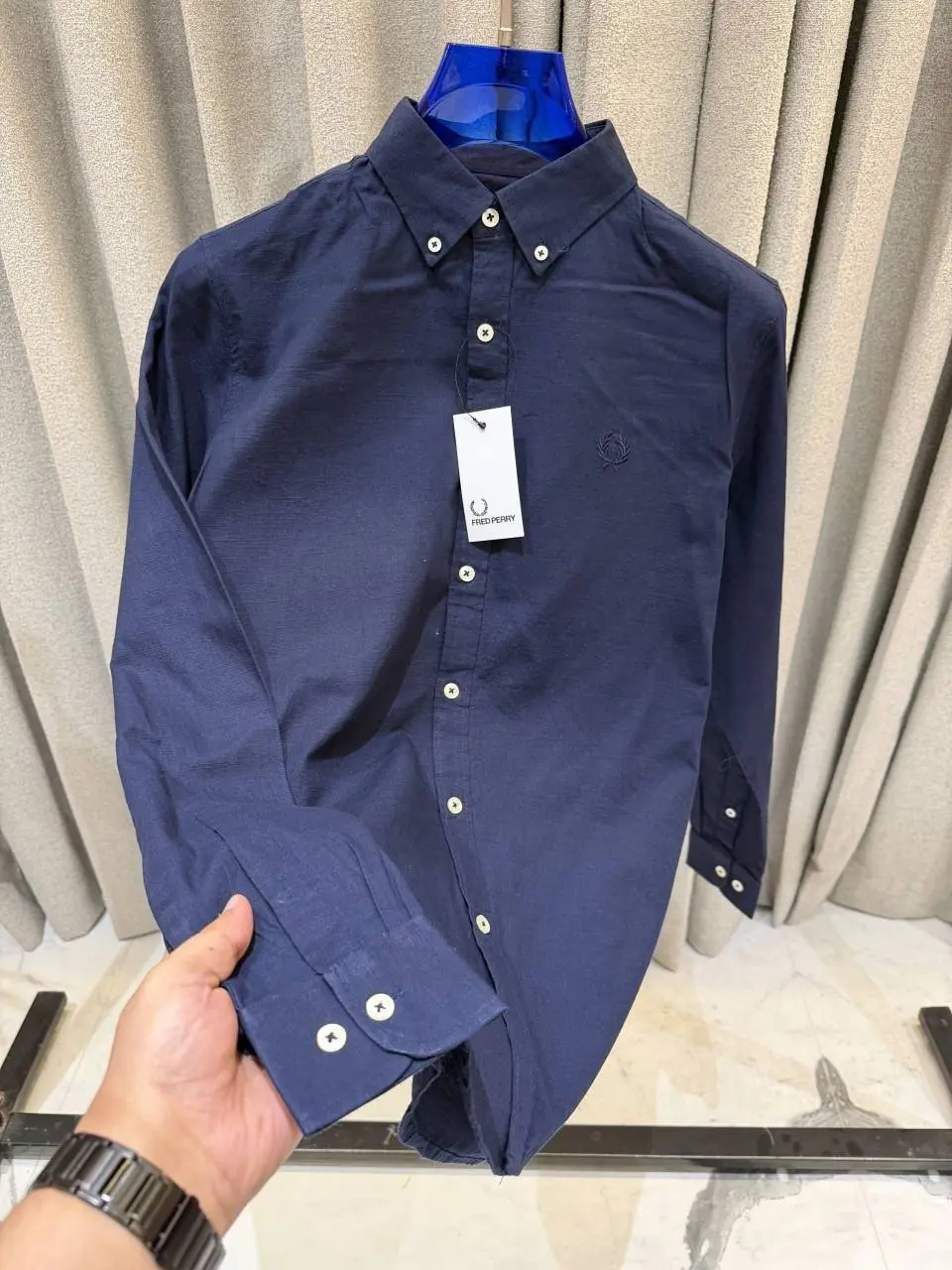 Fred Perry Navy Blue Premium Linen Shirt - Image 2