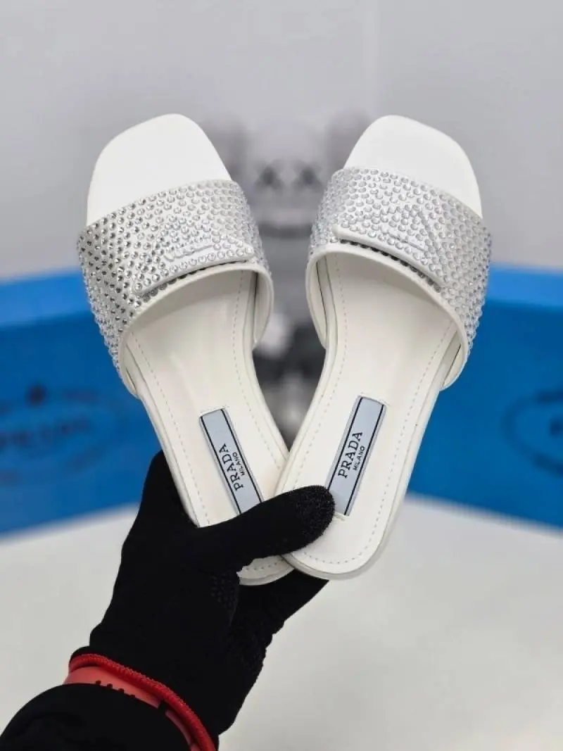 Prada Crystal Diamond Rhinestone Slides With OG Box & Dust Bag (White - 900)
