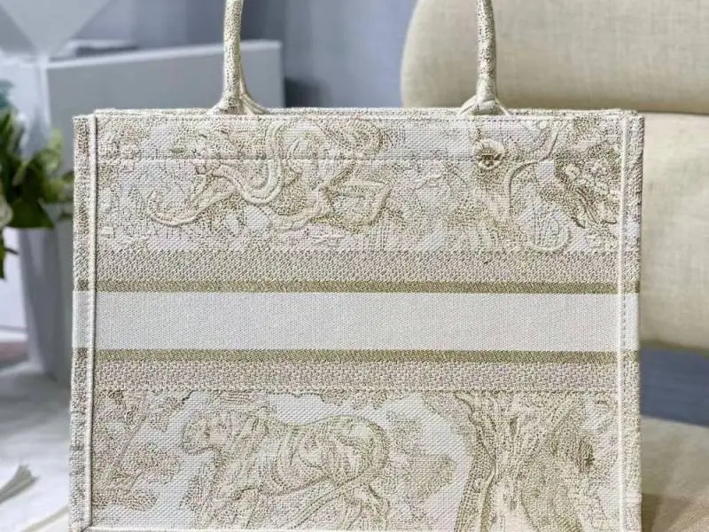 Dior Book Tote Cream Toile De Jouy With OG Box & Dust Bag & Scarf (Cream Tiger-842) - Image 8
