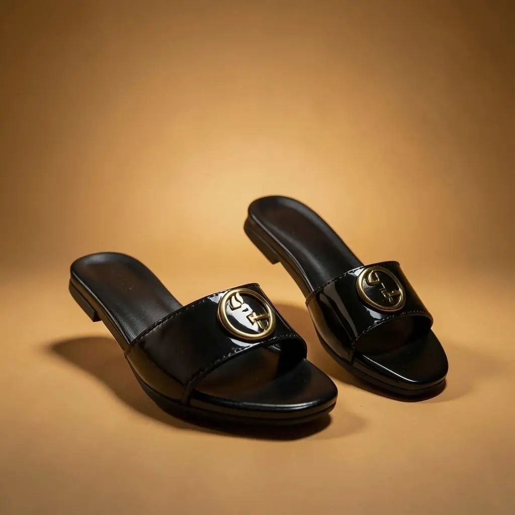 Gucci Round Interlocking G in Black Leather Shiny Classic Slides With OG Box & Carry Bag 1892