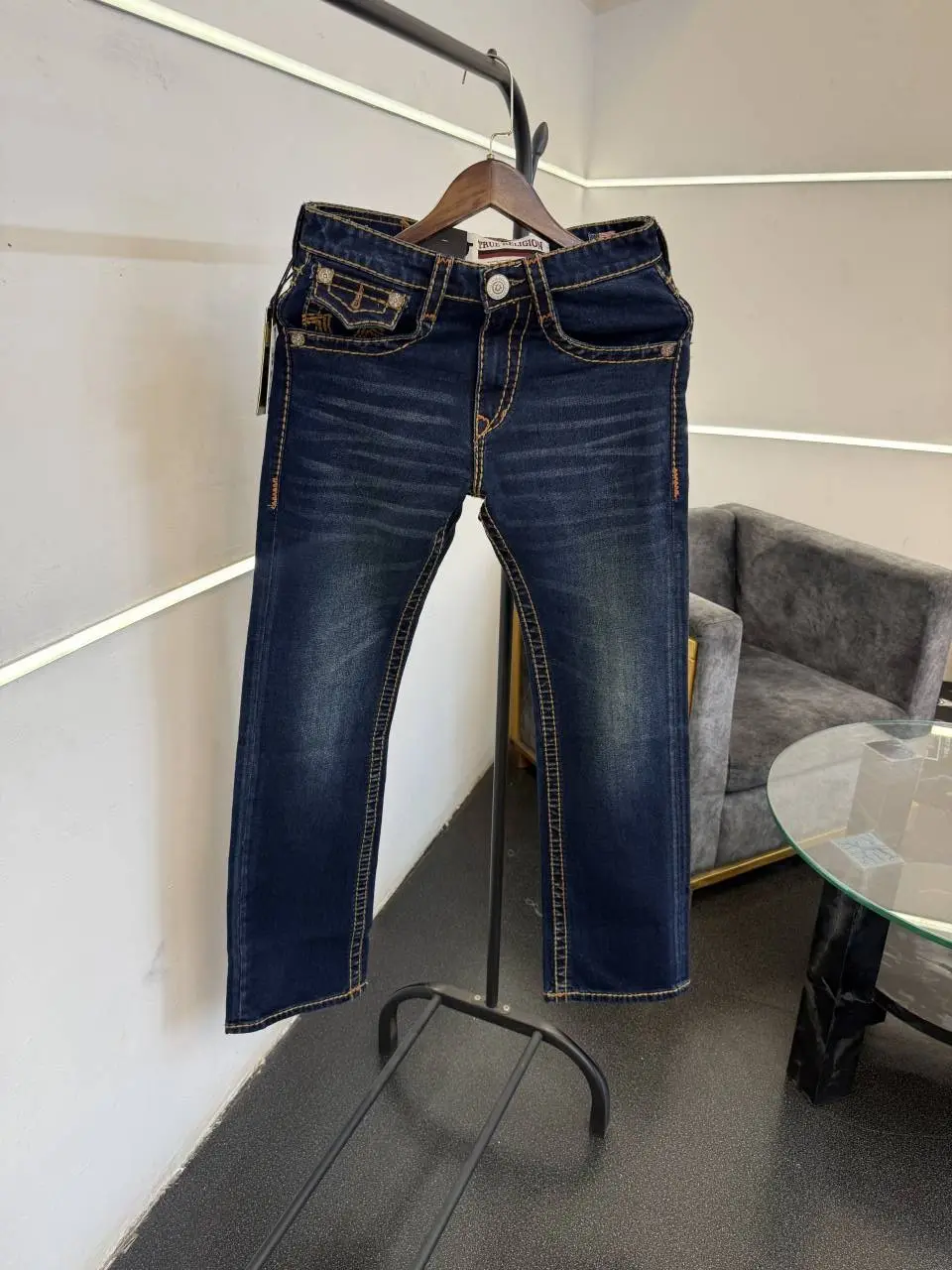True religion boot cut imported denim with brand buttons and packing