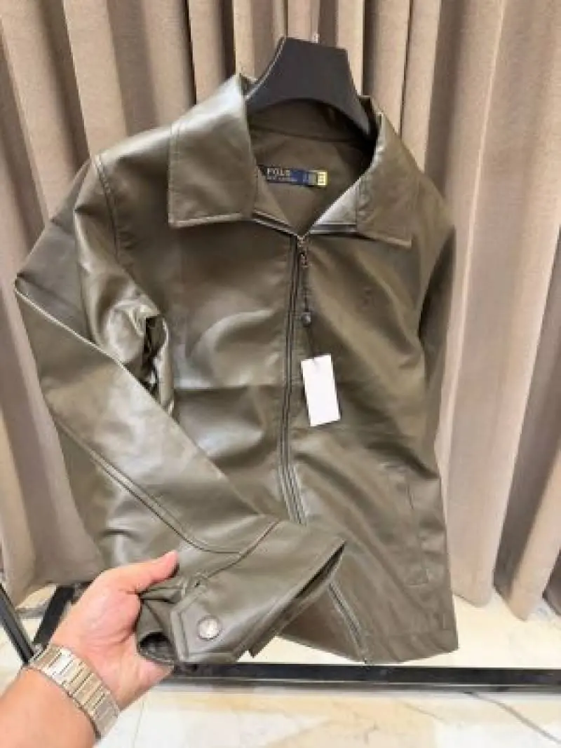 Ralph Lauren Chest Logo Leather Jacket Army Green - Image 2