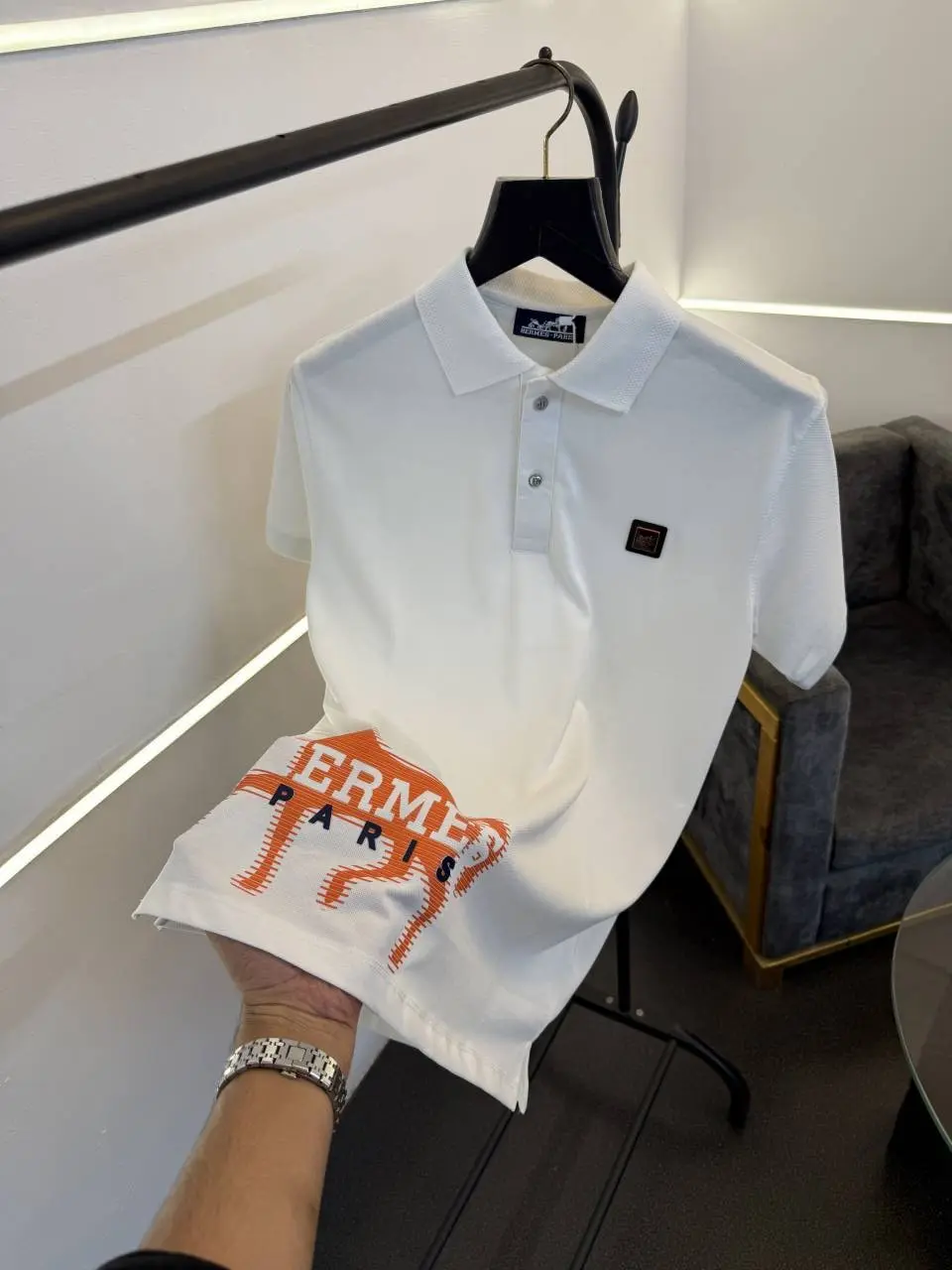 Hermes turkey imported polo tshirt with brand button steel logo and premium print white sale - Image 2