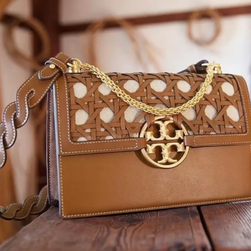 Tori Burch Miller Basket Weave Premium Shoulder Bag With OG Box & Dust Bag (Brown - 498) - Image 8