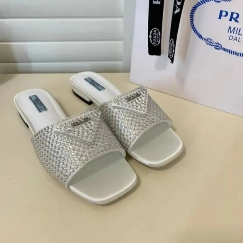 Prada Crystal Diamond Rhinestone Slides With OG Box & Dust Bag (White - 900) - Image 2