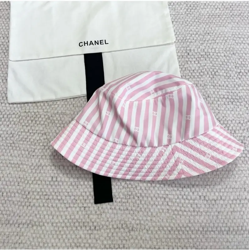 Chanel Pink White Stripes Premium Bucket Hat (With Safety Box) - Image 4